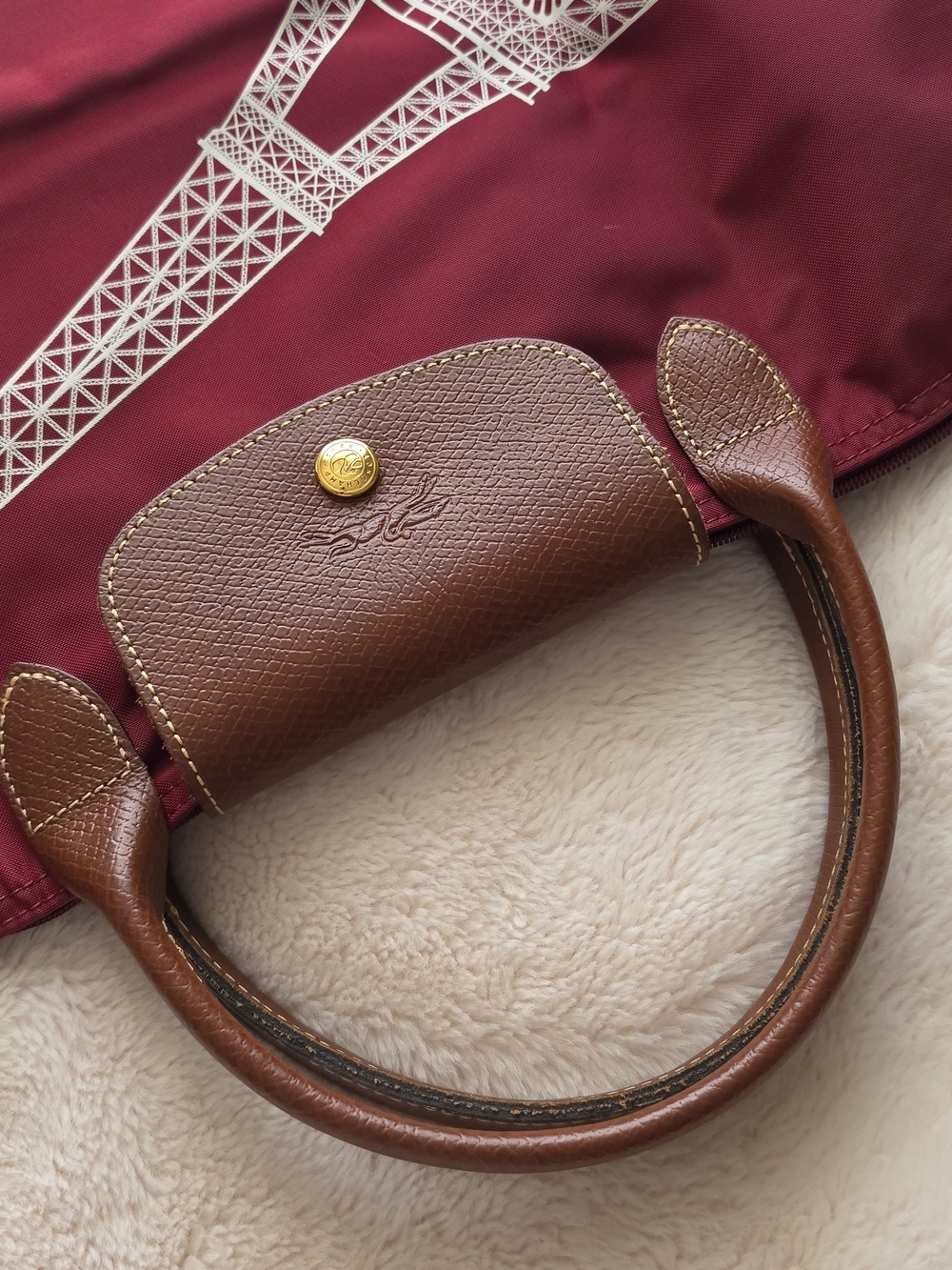 Longchamp Le Pliage Burgundy Tote Bag with Brown Leather Trim Limited Edition - Picture 5 of 10